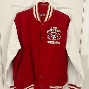 San Francisco 49ers Red and White Super Bowl Champions Reversible Varsity Jacket